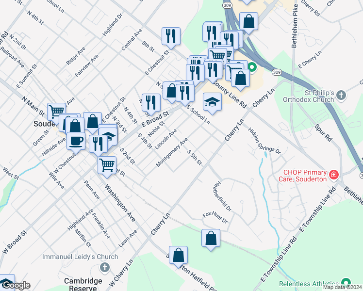 map of restaurants, bars, coffee shops, grocery stores, and more near 148 South 5th Street in Souderton