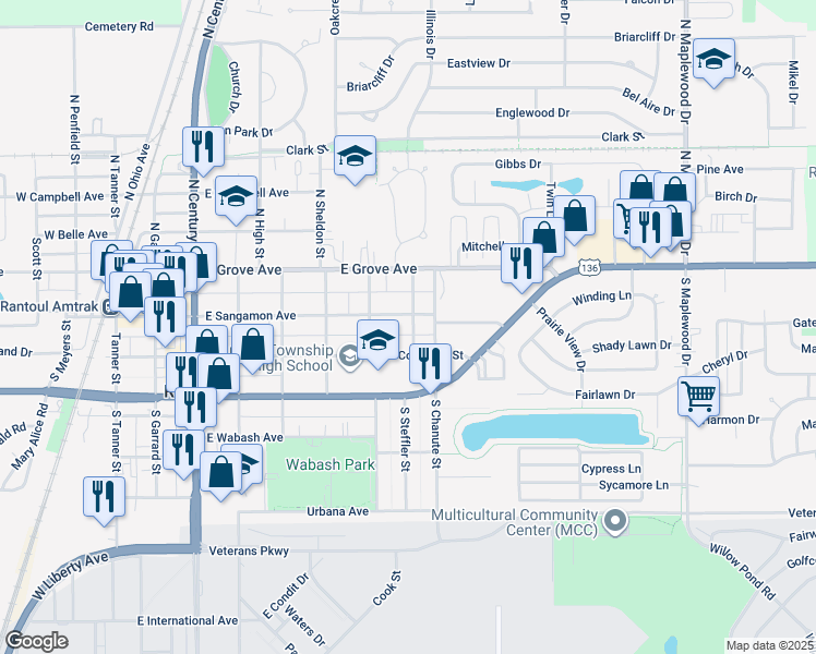 map of restaurants, bars, coffee shops, grocery stores, and more near 731 East Sangamon Avenue in Rantoul