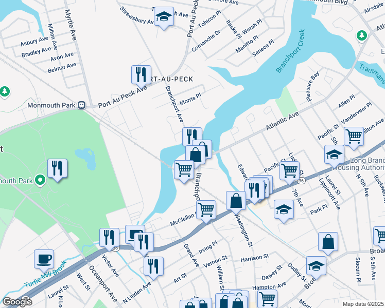 map of restaurants, bars, coffee shops, grocery stores, and more near 336 Branchport Avenue in Long Branch