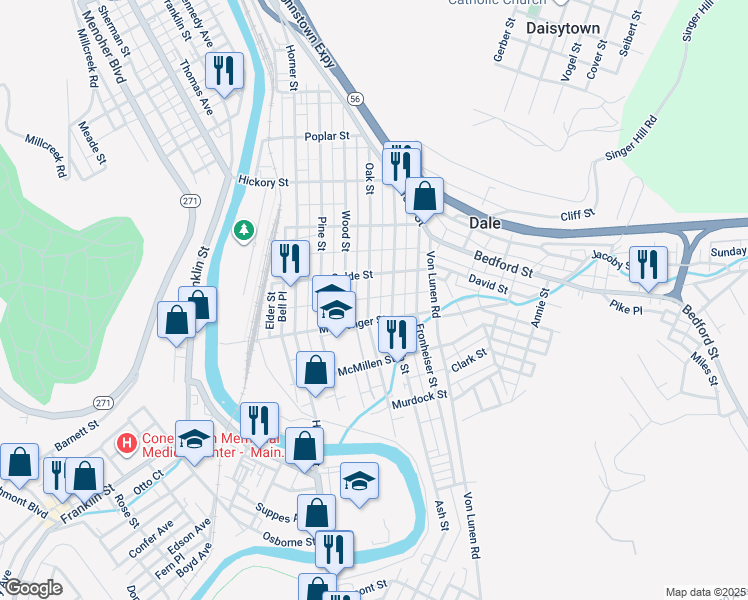 map of restaurants, bars, coffee shops, grocery stores, and more near 621 Oak Street in Johnstown