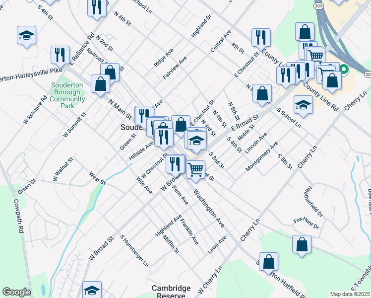 map of restaurants, bars, coffee shops, grocery stores, and more near 112 East Chestnut Street in Souderton