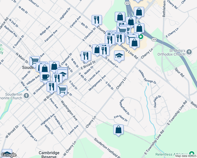 map of restaurants, bars, coffee shops, grocery stores, and more near 441 Montgomery Avenue in Souderton