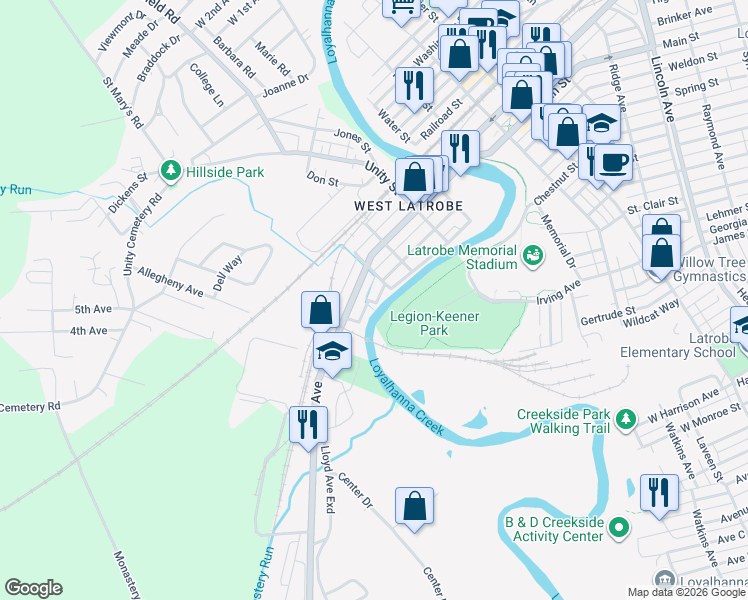 map of restaurants, bars, coffee shops, grocery stores, and more near 416 Mary Street in Latrobe