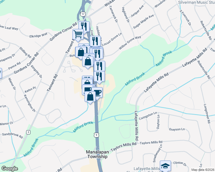 map of restaurants, bars, coffee shops, grocery stores, and more near 20 Franklin Lane in Manalapan Township