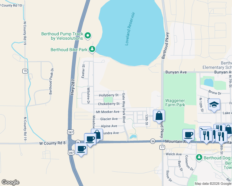 map of restaurants, bars, coffee shops, grocery stores, and more near 1508 Hollyberry Street in Berthoud
