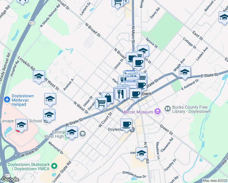 map of restaurants, bars, coffee shops, grocery stores, and more near 76 North Hamilton Street in Doylestown