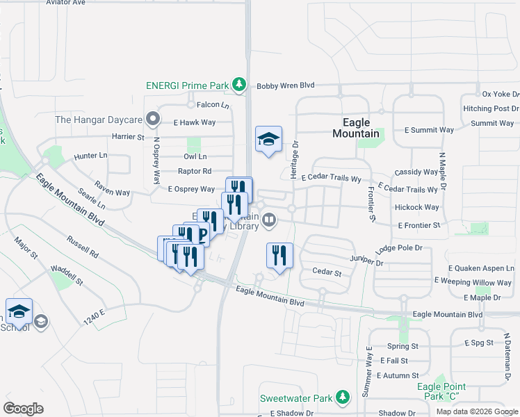 map of restaurants, bars, coffee shops, grocery stores, and more near 186 River Rock Drive in Eagle Mountain