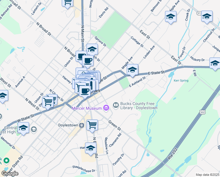 map of restaurants, bars, coffee shops, grocery stores, and more near 128 East Oakland Avenue in Doylestown
