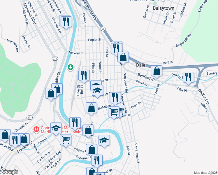 map of restaurants, bars, coffee shops, grocery stores, and more near 621 Oak Street in Johnstown