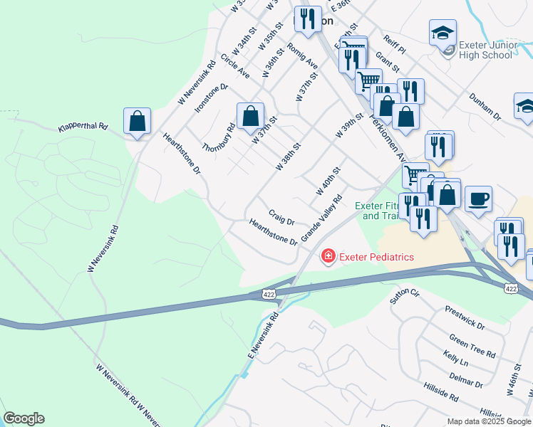 map of restaurants, bars, coffee shops, grocery stores, and more near 20 Craig Drive in Reading