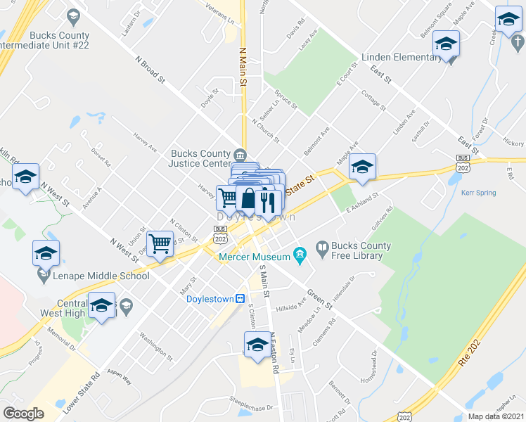 map of restaurants, bars, coffee shops, grocery stores, and more near 38 East State Street in Doylestown
