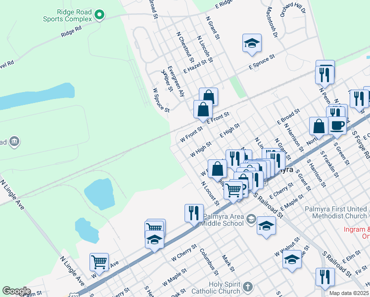 map of restaurants, bars, coffee shops, grocery stores, and more near 338 North Locust Street in Palmyra
