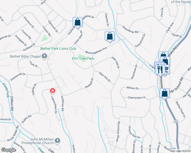 map of restaurants, bars, coffee shops, grocery stores, and more near 1225 Delfield Drive in Bethel Park