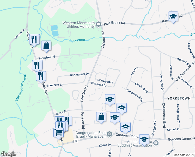 map of restaurants, bars, coffee shops, grocery stores, and more near 232 Longwood Drive in Manalapan Township