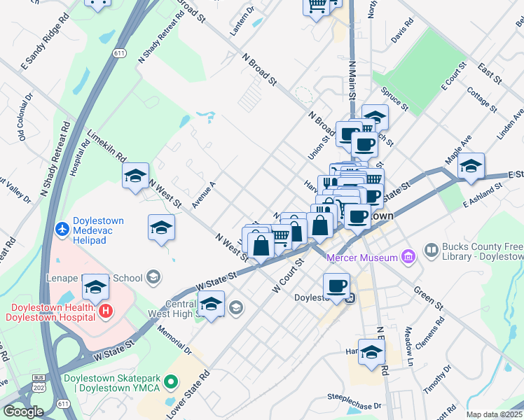 map of restaurants, bars, coffee shops, grocery stores, and more near 120 North Clinton Street in Doylestown
