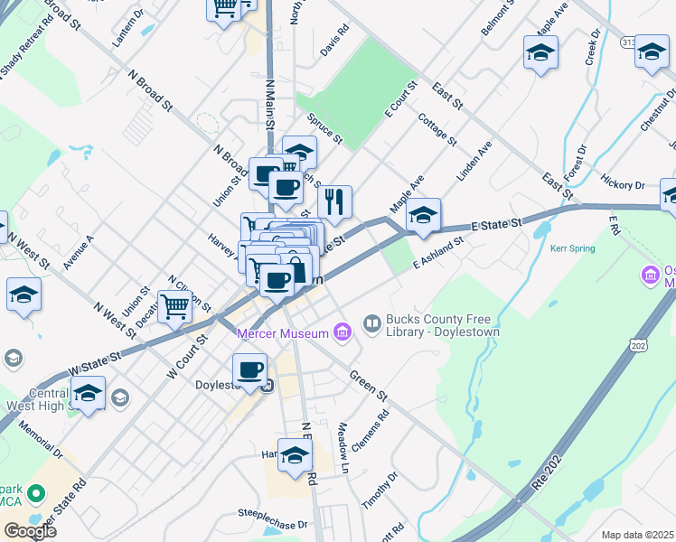 map of restaurants, bars, coffee shops, grocery stores, and more near 104 East Oakland Avenue in Doylestown