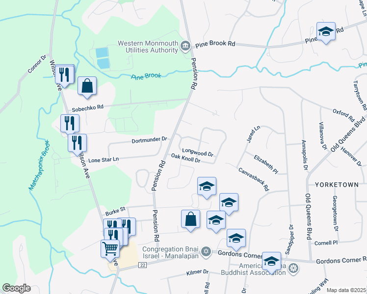 map of restaurants, bars, coffee shops, grocery stores, and more near 252 Longwood Drive in Manalapan Township