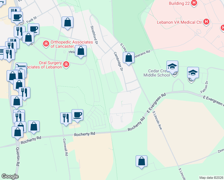 map of restaurants, bars, coffee shops, grocery stores, and more near 1641 Cambridge Drive in Lebanon