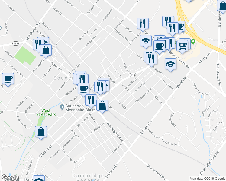 map of restaurants, bars, coffee shops, grocery stores, and more near 208 East Broad Street in Souderton