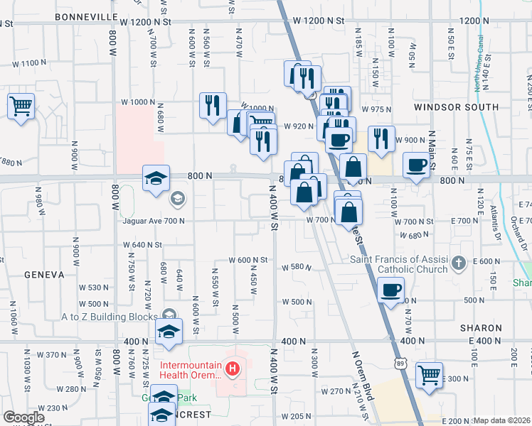 map of restaurants, bars, coffee shops, grocery stores, and more near 429 West 750 North Street in Orem