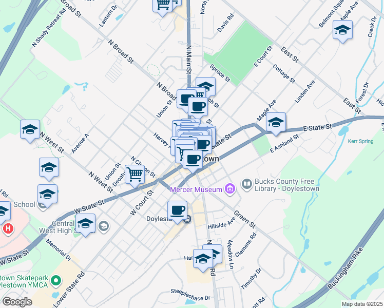 map of restaurants, bars, coffee shops, grocery stores, and more near 8 East Court Street in Doylestown
