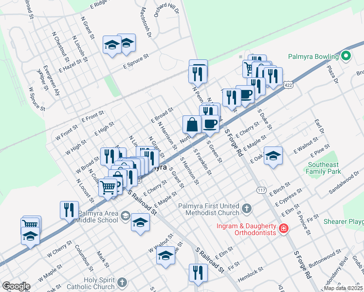 map of restaurants, bars, coffee shops, grocery stores, and more near 501 East Main Street in Palmyra