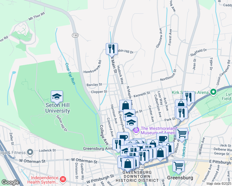 map of restaurants, bars, coffee shops, grocery stores, and more near 12 Barclay Street in Greensburg