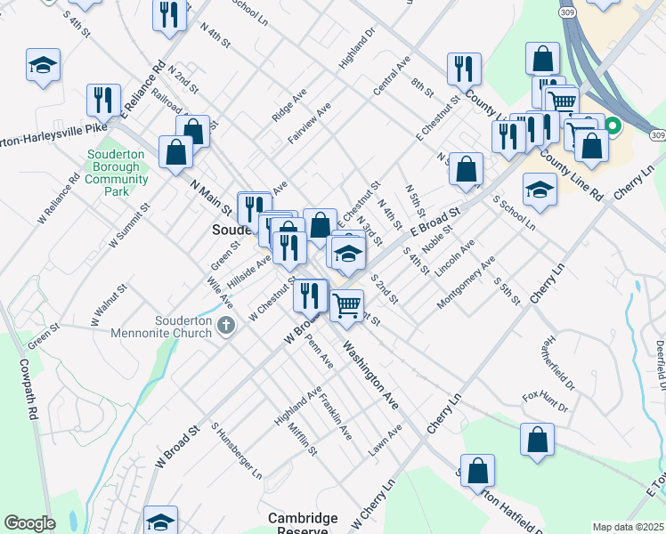 map of restaurants, bars, coffee shops, grocery stores, and more near 21 North Front Street in Souderton
