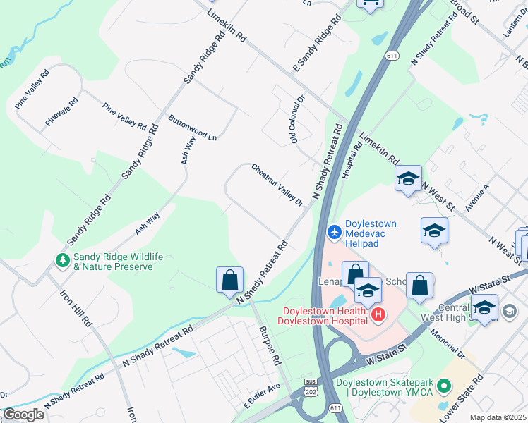 map of restaurants, bars, coffee shops, grocery stores, and more near 52 Chestnut Valley Drive in Doylestown