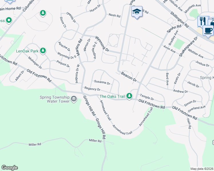 map of restaurants, bars, coffee shops, grocery stores, and more near 3003 Susanna Drive in Sinking Spring