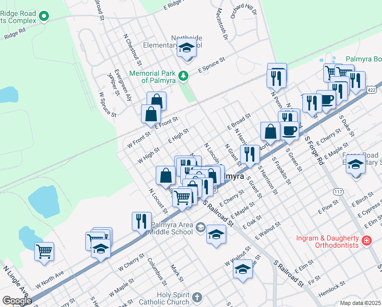 map of restaurants, bars, coffee shops, grocery stores, and more near in Palmyra