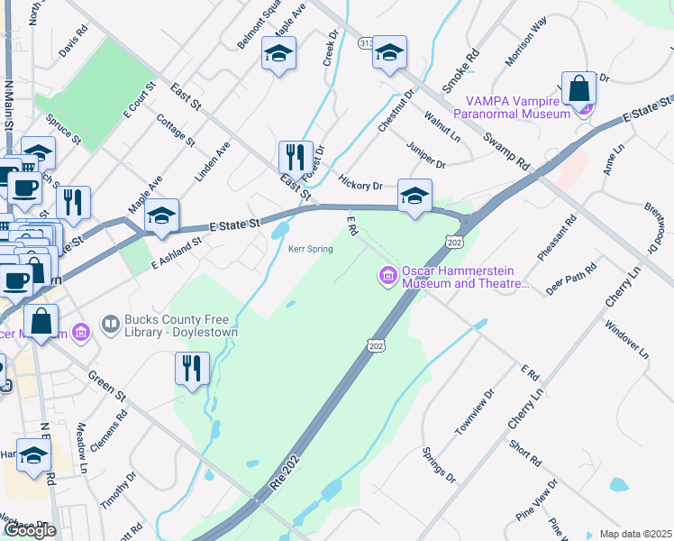 map of restaurants, bars, coffee shops, grocery stores, and more near 120 East Road in Doylestown