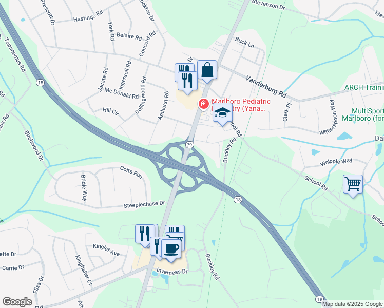 map of restaurants, bars, coffee shops, grocery stores, and more near 25 South Main Street in Marlboro
