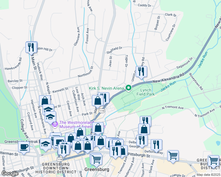 map of restaurants, bars, coffee shops, grocery stores, and more near 419 Fox Hill Street in Greensburg
