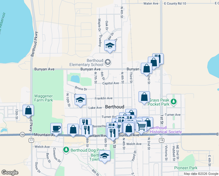 map of restaurants, bars, coffee shops, grocery stores, and more near 580 Capitol Avenue in Berthoud