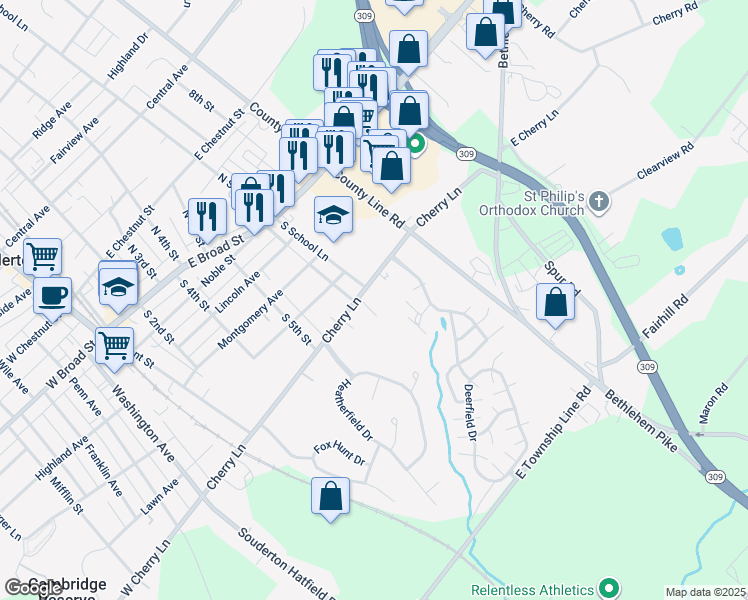 map of restaurants, bars, coffee shops, grocery stores, and more near 30 East Cherry Lane in Souderton