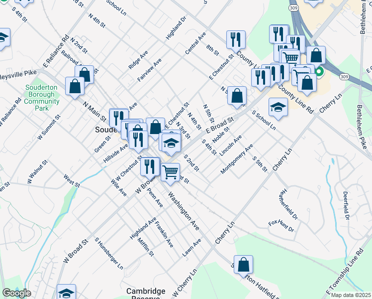 map of restaurants, bars, coffee shops, grocery stores, and more near 208 East Broad Street in Souderton