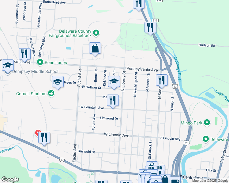 map of restaurants, bars, coffee shops, grocery stores, and more near 355 North Liberty Street in Delaware
