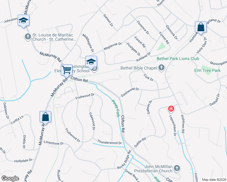 map of restaurants, bars, coffee shops, grocery stores, and more near 579 Clifton Road in Bethel Park