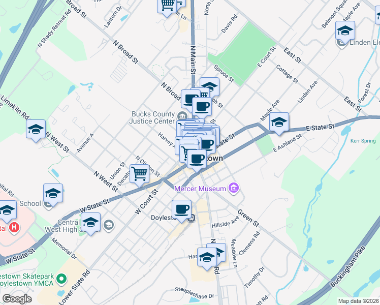 map of restaurants, bars, coffee shops, grocery stores, and more near 8 East Court Street in Doylestown
