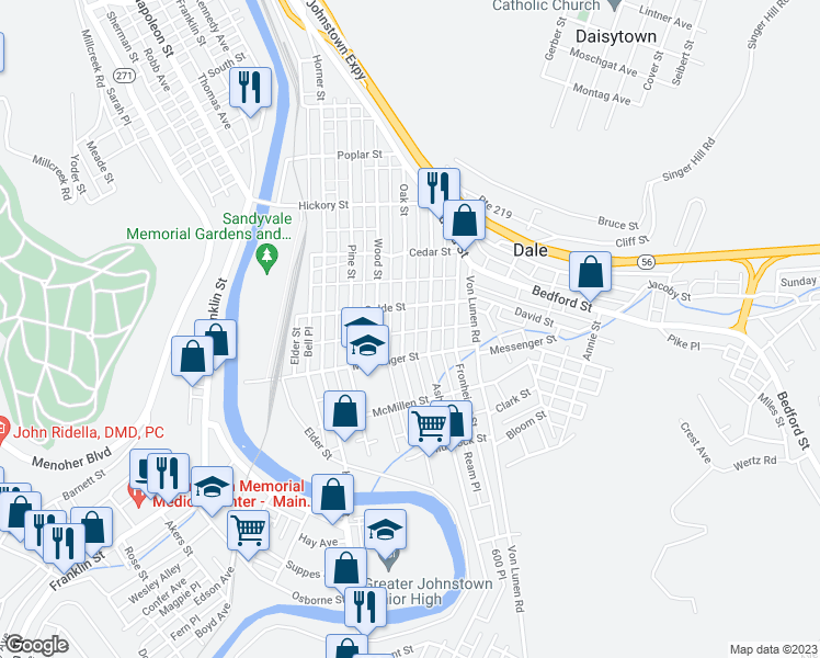 map of restaurants, bars, coffee shops, grocery stores, and more near 617 Oak Street in Johnstown