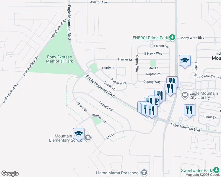 map of restaurants, bars, coffee shops, grocery stores, and more near 1108 Searle Lane in Eagle Mountain