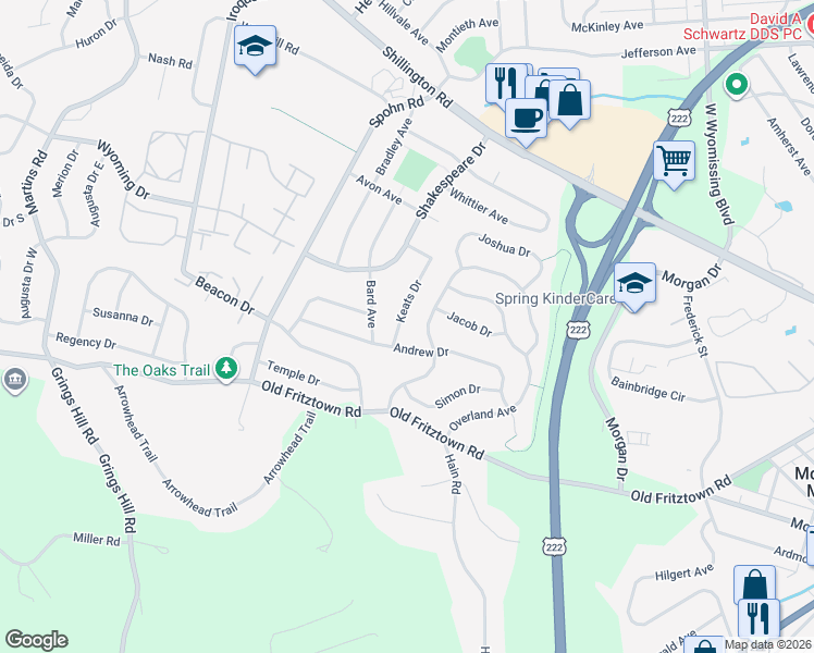 map of restaurants, bars, coffee shops, grocery stores, and more near 233 Keats Drive in Sinking Spring