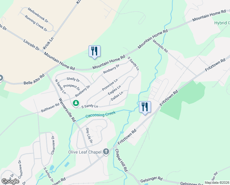 map of restaurants, bars, coffee shops, grocery stores, and more near 100 Primrose Lane in Berks County
