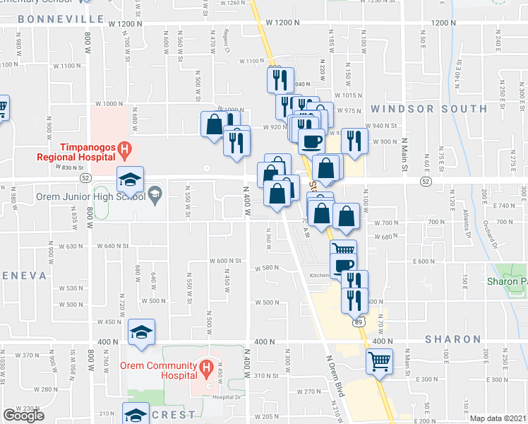 map of restaurants, bars, coffee shops, grocery stores, and more near 3 West 750 North Street in Orem