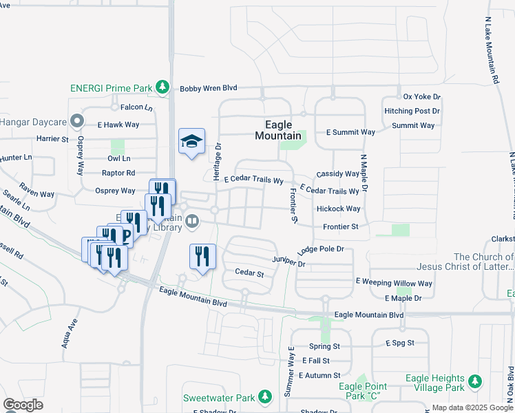 map of restaurants, bars, coffee shops, grocery stores, and more near 4358 North Angies Alley in Eagle Mountain