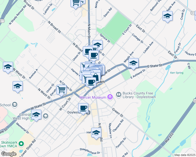 map of restaurants, bars, coffee shops, grocery stores, and more near 7 North Pine Street in Doylestown