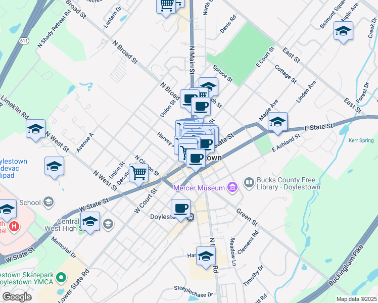 map of restaurants, bars, coffee shops, grocery stores, and more near 8 East Court Street in Doylestown