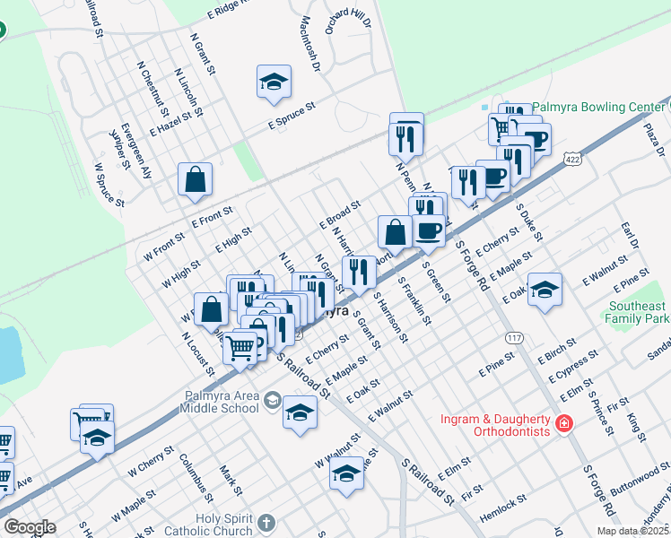 map of restaurants, bars, coffee shops, grocery stores, and more near 120 North Grant Street in Palmyra