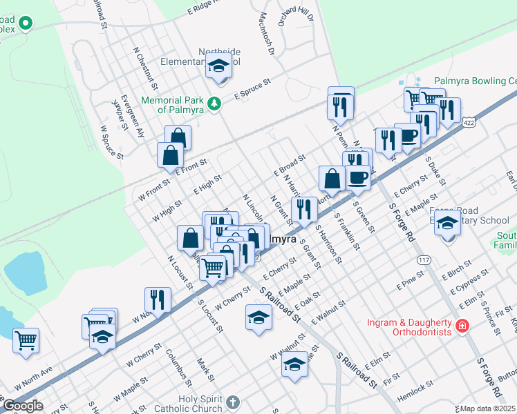 map of restaurants, bars, coffee shops, grocery stores, and more near 145 North Grant Street in Palmyra